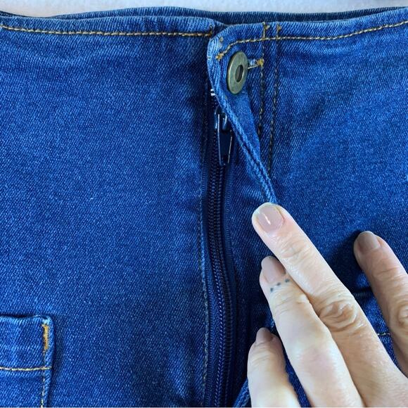 Vintage Womens Jean Skirt Sz 12 Blue Western Cottage Y2K Pleated‎ Patch Pockets - Picture 4 of 6